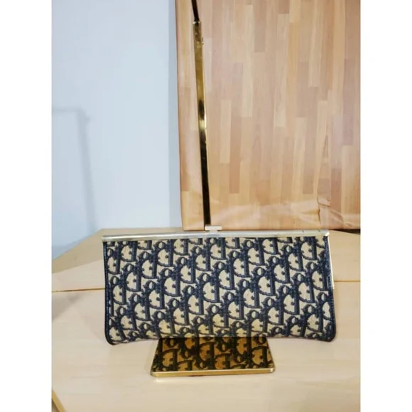 Authentic CHRISTIAN DIOR Vintage Blue Logo Tapestry Canvas Clutch Purse - Picture 1 of 10